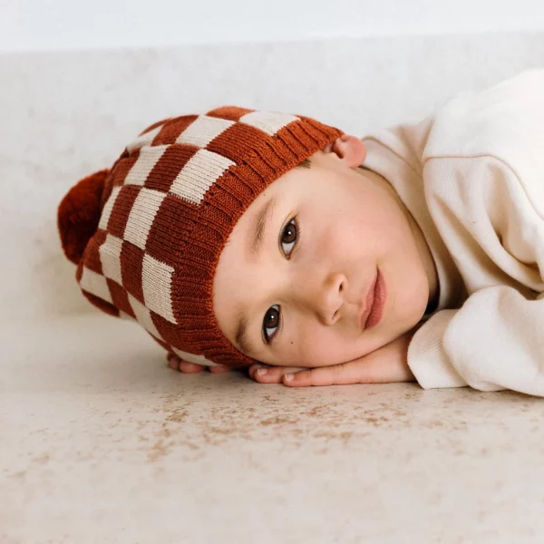 Bonnet en mérinos | Damier ocre