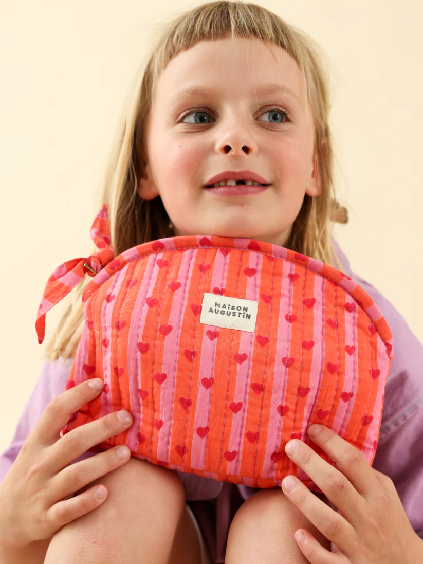 Trousse de maquillage | Rayé Rose-Orange Coeur rouge