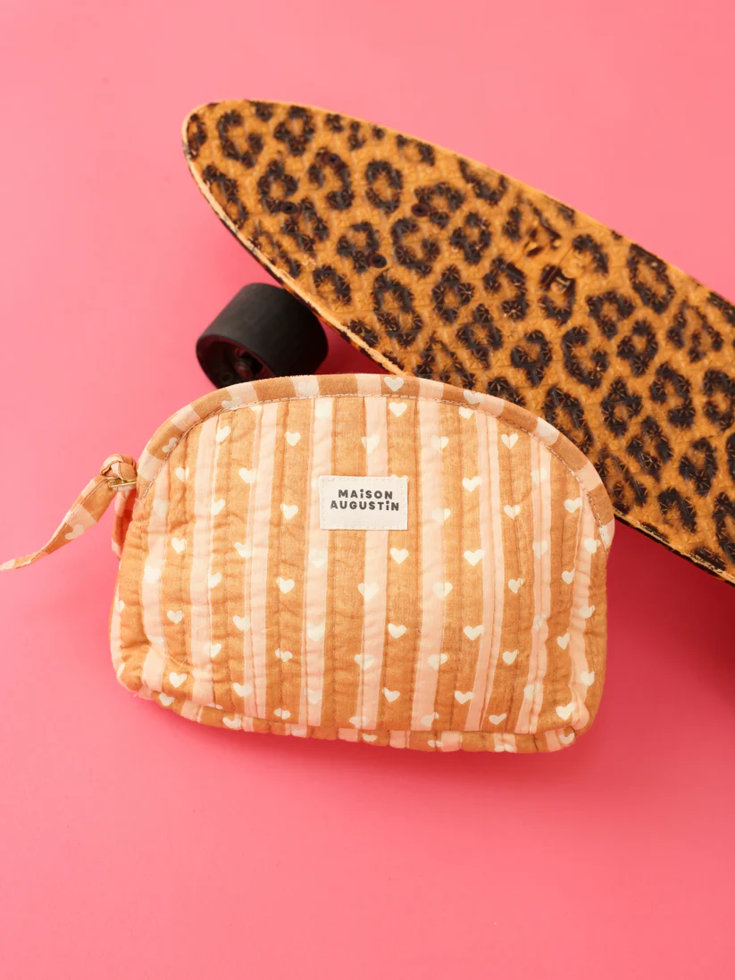 Trousse de maquillage | Rayé Rose-brun Coeur blanc